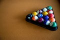 Playing pool, Billiard. Billiard balls in a triangle. Arranged billiard balls. a snooker balls and table. Royalty Free Stock Photo