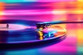 Playing a record close up. Neon colors 60s and 70s style, retro abstract music background