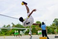 Playing sepak takraw