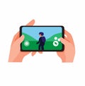 Playing shooter game on smartphone, hand holding smartphone with touchscreen control playing online game cartoon flat illustration