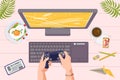 Playing video game at computer, gamer hold console controller, joystick technology, vector illustration. Leisure time