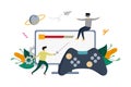 Playing video games, e-sport pc fighting game flat illustration with small people concept vector template, suitable for background Royalty Free Stock Photo