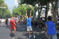 Playing volleyball in the streets