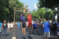 Playing volleyball in the streets