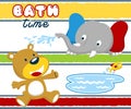 Playing water with nice elephant and bear cartoon