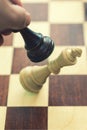 Playing Wooden Chess Pieces. Chess Game. The Fall Of The King. Kings Also Fall. Toned. Vertical Photo