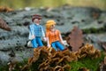 Playmobil figurines posing on tree trunk in the forest