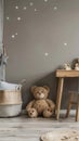 a playroom adorned with plush and wooden toys, set against gray walls and a wooden floor, within a photostudio featuring
