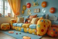 Playroom interior with a colorful sofa and accessories on the walls Royalty Free Stock Photo