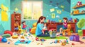 Playroom interior for hyperactive preschool or kindergarten baby. Mom and children in messy kid room cartoon modern Royalty Free Stock Photo