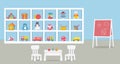 Playroom interior. Kids\' room in blue color. Cabinet with children toys, blackboard, table, two chairs Royalty Free Stock Photo