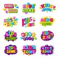 Playroom logo. Kids zone colored funny badges text graphic emblem for game education areas vector set Royalty Free Stock Photo