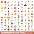 100 playschool book icons set, flat style