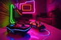 a playstation control in neon gaming realistic enviroment generated by Ai
