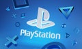 Playstation Logo Glow on Blue Background Around 3D Console Joystick Button Symbol