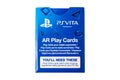 PlayStation Vita AR cardboard cards, augmented reality paper card markers package, product object closeup, top view. PS Vita ar