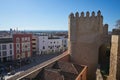 Plaza Alta red and white buildings view from city castle in Badajoz, Spain