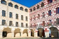 Plaza Alta red, yellow and white buildings in Badajoz, Spain