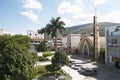 Plaza de Armas of the city of Jaen-San Leandro de Jaen-with monument and a garden with flowers founded in the year 1549 and Royalty Free Stock Photo