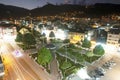 Plaza de Armas of the city of Jaen-San Leandro de Jaen-with monument and a garden with flowers founded in the year 1549 and Royalty Free Stock Photo