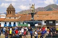 Plaza de Armas in Cusco with a Fountain of Pachacuti, the Emperor of the Inca Empire, Peru Royalty Free Stock Photo