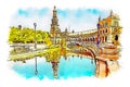 Plaza de Espana, Seville, Spain, watercolor sketch illustration.