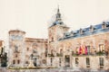 Plaza de la Villa historic square in old town, central Madrid, Spain. Aquarelle, watercolor illustration.