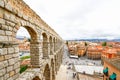 Plaza del Azoguejo and the ancient Roman aqueduct in Segovia, Sp Royalty Free Stock Photo