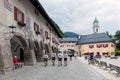 Plaza Schlossplatz downtown Berchtesgaden with church, Germany