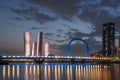 Plaza Tower Lusail Boulevard with Arch Bridge sunset time Royalty Free Stock Photo