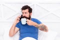 Pleasant conversation. Good morning. Modern life new technology. Technology concept. Hello dear. Bearded man using