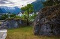 The pleasant fjord town of Balestrand, located on Sognefjord, is a small tourist town, pictured here at sunset