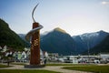 The pleasant fjord town of Balestrand, located on Sognefjord, is a small tourist town, pictured here at sunset Royalty Free Stock Photo