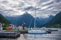 The pleasant fjord town of Balestrand, located on Sognefjord, is a small tourist town, pictured here at sunset Royalty Free Stock Photo