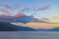 The pleasant fjord town of Balestrand, located on Sognefjord, is a small tourist town, pictured here at sunset Royalty Free Stock Photo