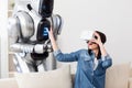 Pleasant girl using virtual reality device Royalty Free Stock Photo