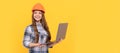 pleasant smile. building and construction. webinar. child worker wear hardhat. Child in hard hat horizontal poster