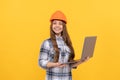 pleasant smile. building and construction. webinar. child worker wear hardhat.