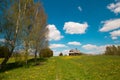 Pleasant sunny summer landscape: old blue sky and clouds, green grass, yellow dandelion flowers on a meadow and old historical Royalty Free Stock Photo