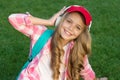 Pleasant time. Child headphones listen music. Girl headphones listening music. Educational podcast. Enjoy every moment