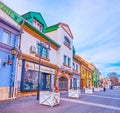 Pleasant walk in Obuda Promenade area in surrounding of scenic buildings, Budapest, Hungary