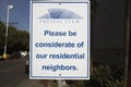 Please be considerate of residential neighbors, road sign, Ventura, California, USA