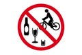 Please do Not drink and cycling, crossed out bicycle icon, glass and beer bottle icons, red prohibition sign isolated on white Royalty Free Stock Photo