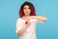 Please, enough for me, need break! Portrait of tired woman with fancy red hair in white shirt showing time out gesture