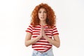 Please help me. Sincere worried redhead cute curly-haired woman begging favour press arms together plead supplication Royalty Free Stock Photo