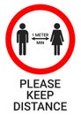 Please keep distance. Vector poster for printing on a standard sheet of paper. Symbol of a man and woman at a distance of at le