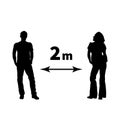 Please keep 2 meters apart, social distancing icon with man and woman silhouettes on white