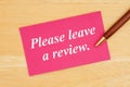 Please leave a review text on pink card with pen