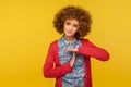 Please, need break! Portrait of unhappy pleading woman with curly hair looking tired, asking for pause Royalty Free Stock Photo