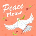 Peace please, flying white dove with branch flower Royalty Free Stock Photo